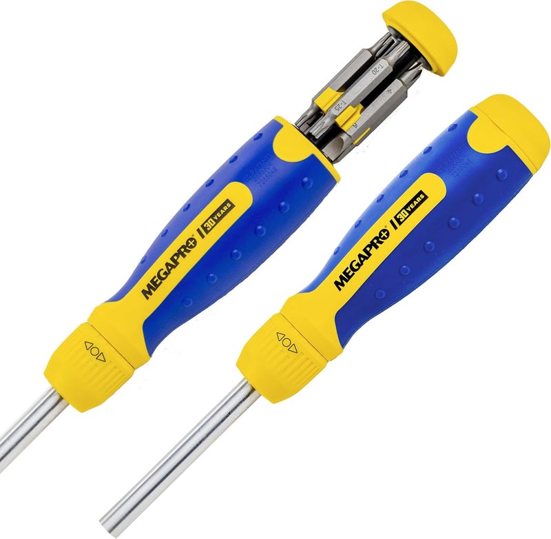 Megapro RATCHETING SCREWDRIVER - 13-in-1 Multi Bit Screw Driver w/ " Hex Shaft for Phillips, Star, Flat, Square Bit - Retractable Cartridge - Multi Screwdriver (Yellow) - Image 1